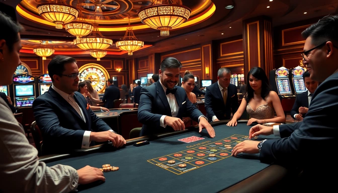 Players betting and enjoying a game at the 壹發娛樂 casino table, showcasing excitement and luxury.
