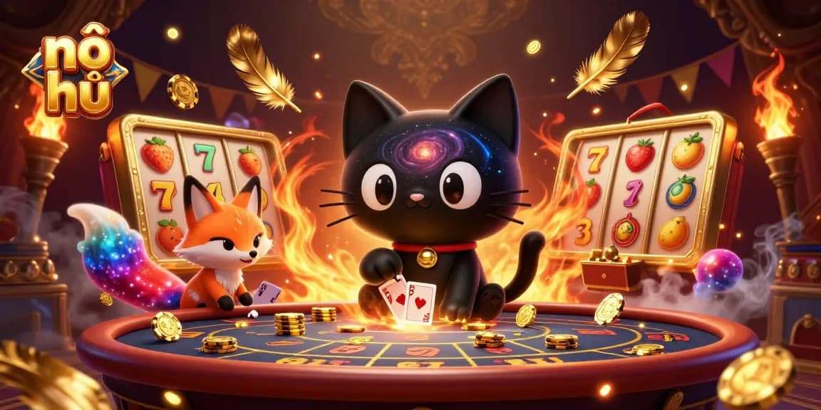 Experience nổ hũ excitement with a cosmic cat casino scene showcasing vibrant slot elements.