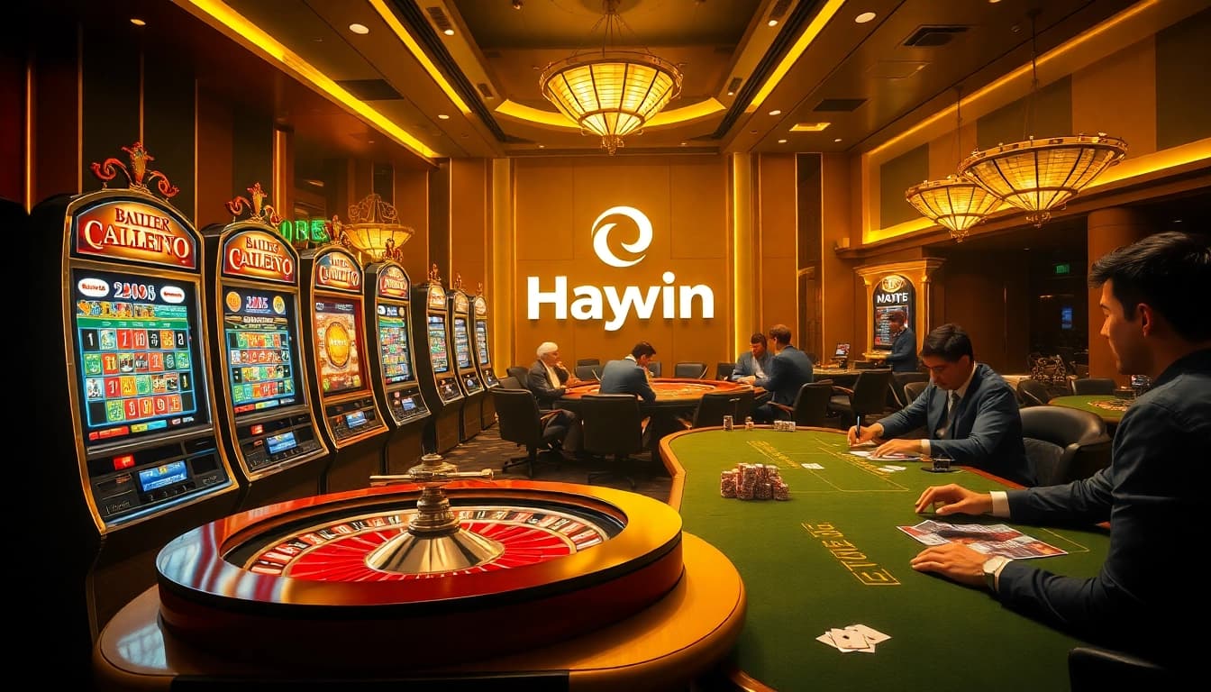 Haywin casino scene showcasing players winning at vibrant slot machines and engaging poker tables.