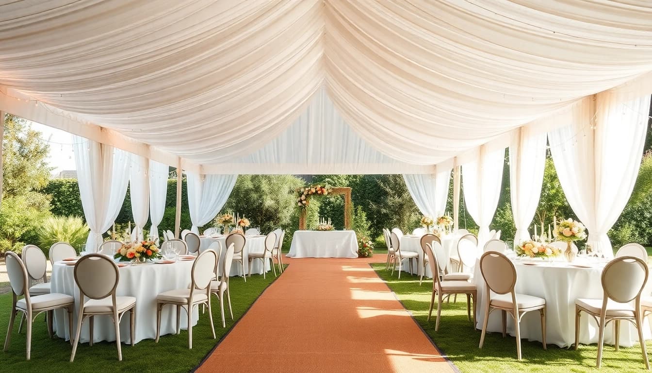 Transform your occasion with Wedding Tent Chair & Table Rentals styled elegantly in a garden setting
