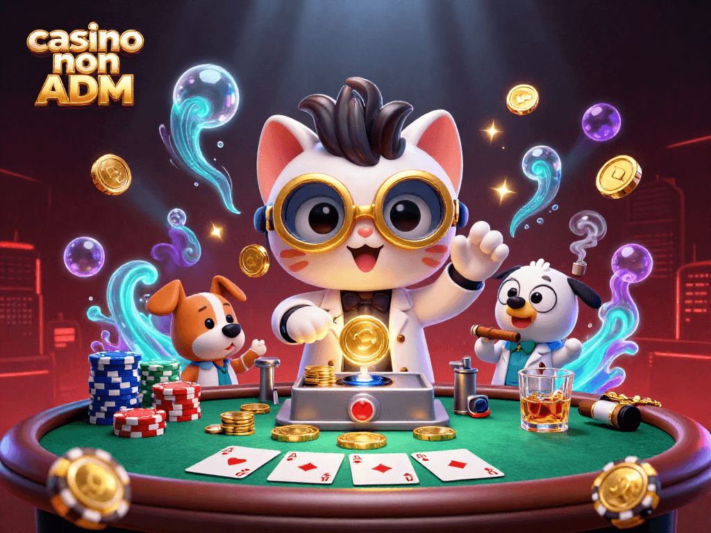 Gioca nel casino non ADM con un gatto scienziato e il suo assistente, circondati da tavoli da poker e fiche colorate.