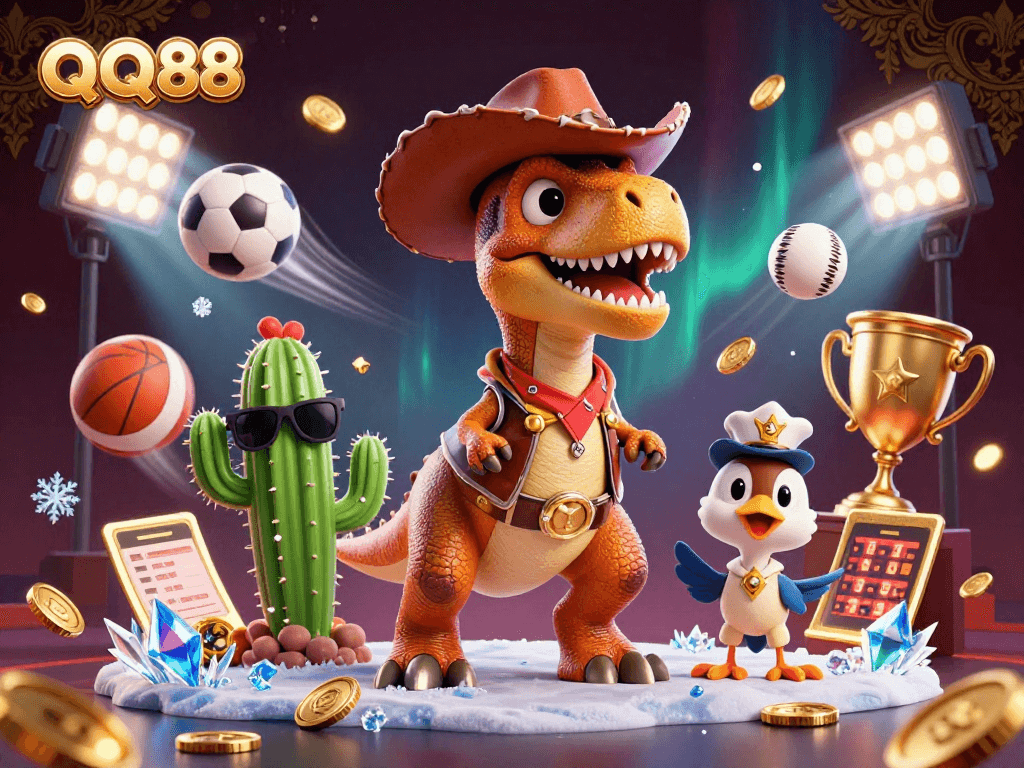 Experience the excitement at QQ88 with a dynamic 3D gambling scene filled with vibrant characters.