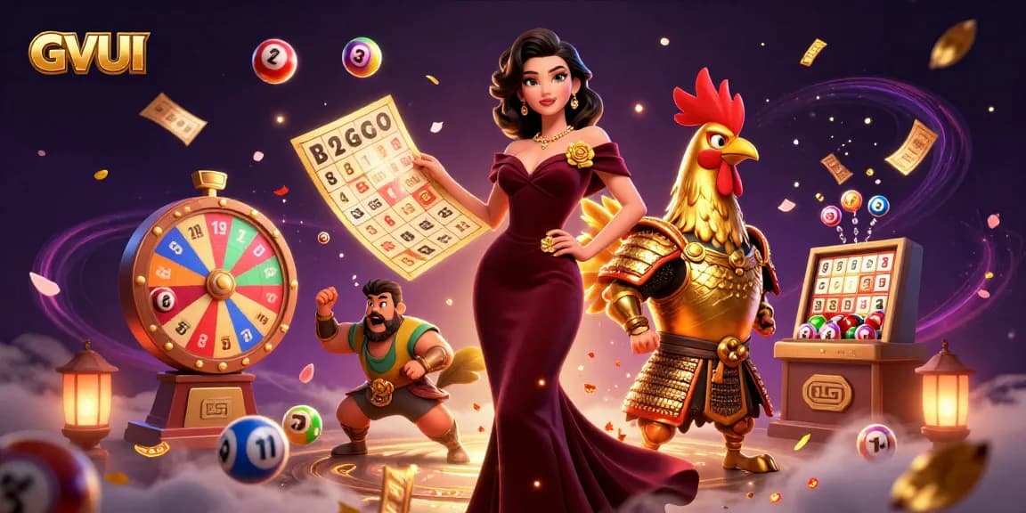 Engage with GVUI's exciting casino experience, featuring a glamorous woman and samurai rooster warrior.