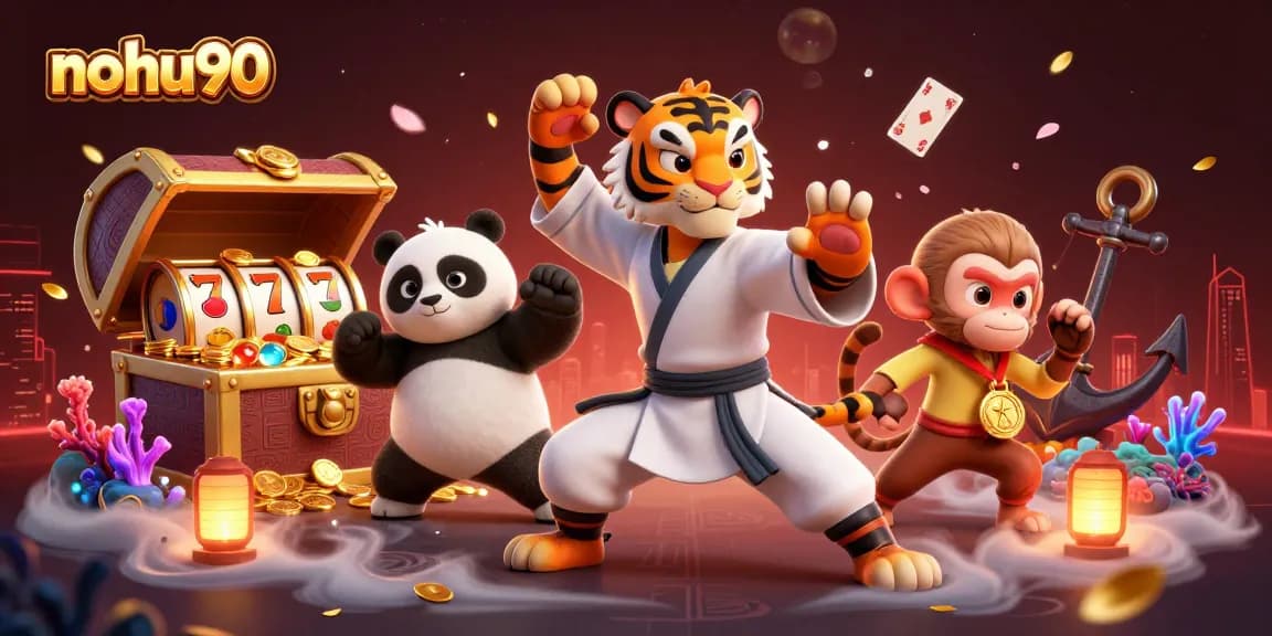 Experience thrilling gameplay at Nohu90 with slots surrounded by cartoon characters in a vibrant casino scene.