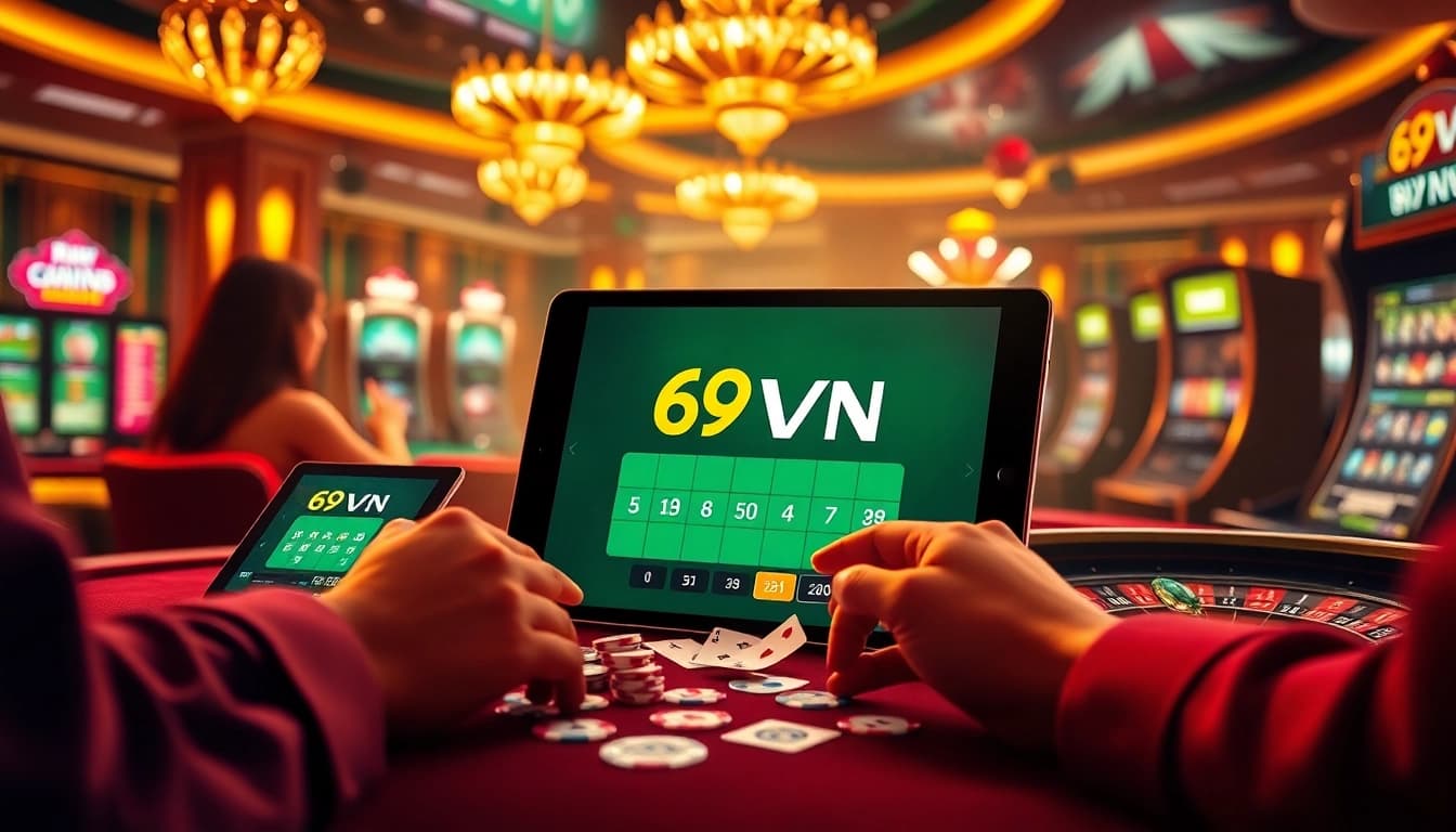 Engage with 69VN as players immerse in thrilling online gambling activities surrounded by vibrant casino elements.
