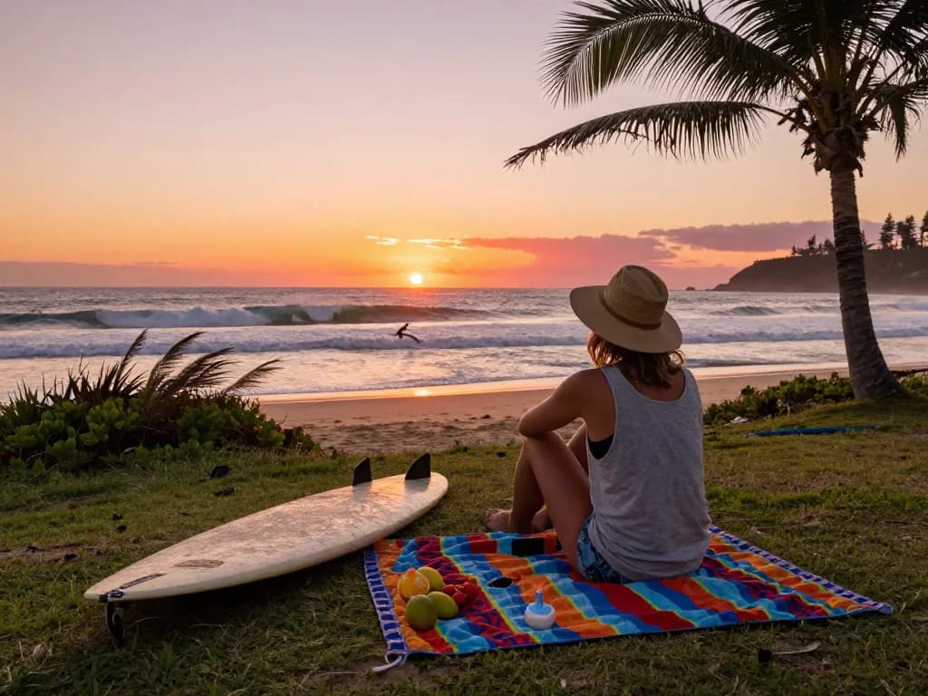 Traveler at sunset on Australian beach contemplating ocean waves.