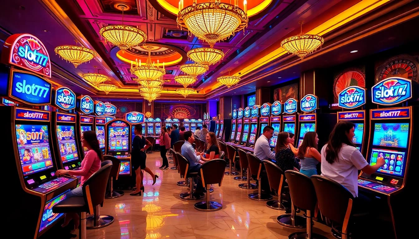 Players celebrating big wins at slot777 slot machines in a luxurious casino setting.