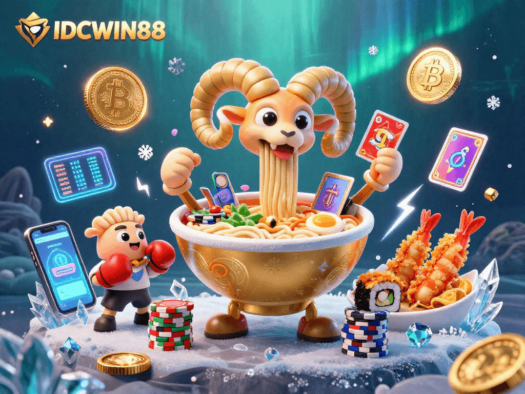 Engage in thrilling gameplay with IDCWIN88 as dynamic characters deal cards and stack chips in a vibrant casino scene.