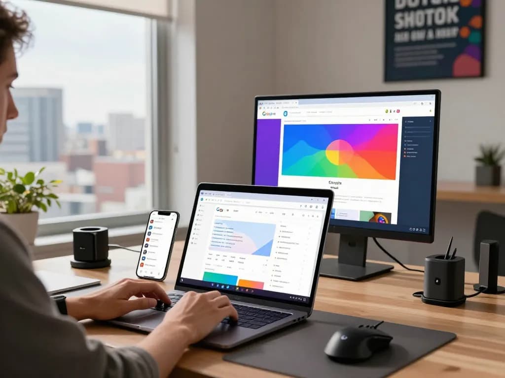 Experience seamless web browsing with 谷歌浏览器 on a modern tech setup, showcasing vibrant analytics and a clean workspace.