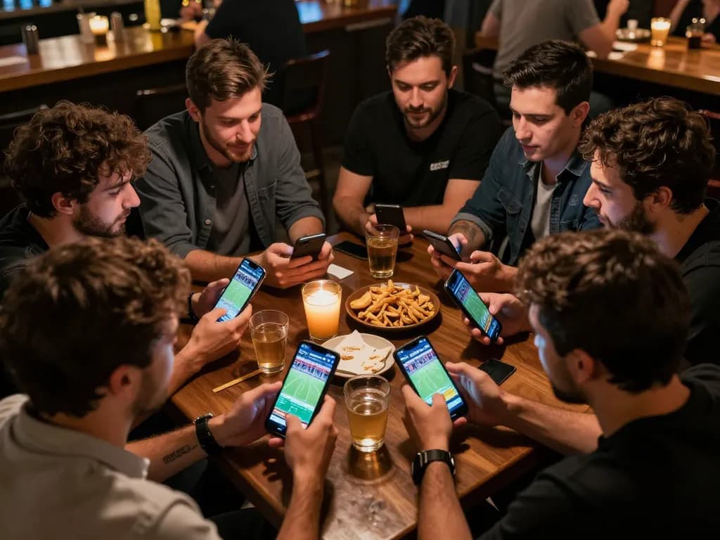 Appassionati che interagiscono con l'app di scommesse siti scommesse non AAMS durante un evento sportivo dal vivo in un bar vivace