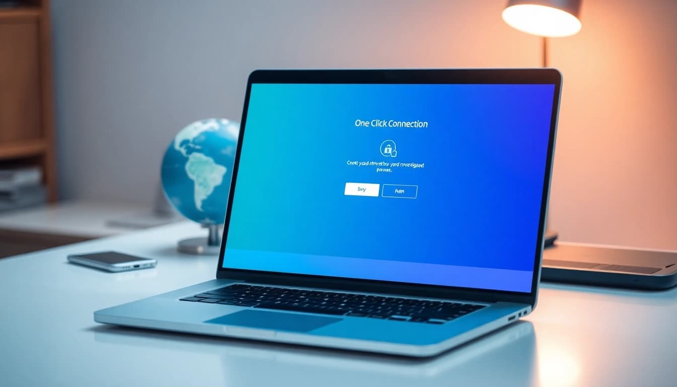 在安静的工作空间中，现代笔记本上的快连 VPN 界面，强调全球连接。