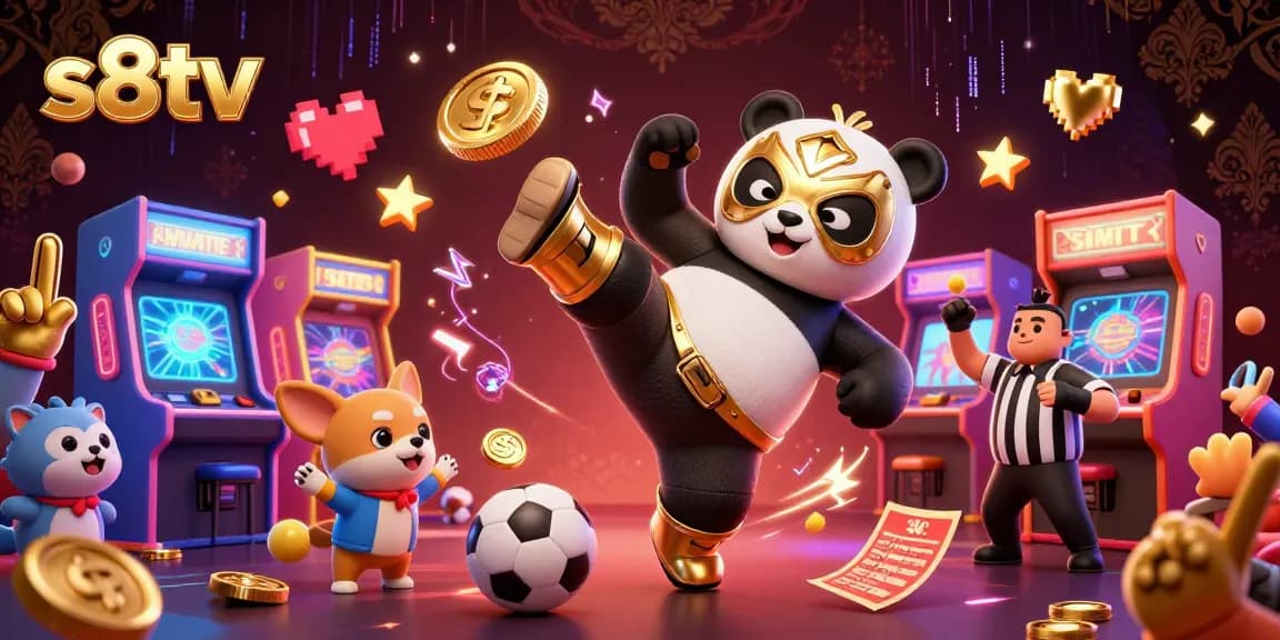 S8TV sports betting action illustration with a panda wrestler and lively animal crowd celebrating wins.