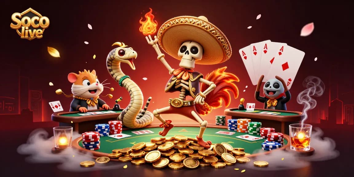 Soco live engages players with a vibrant victory scene featuring a mariachi rooster and golden poker elements.