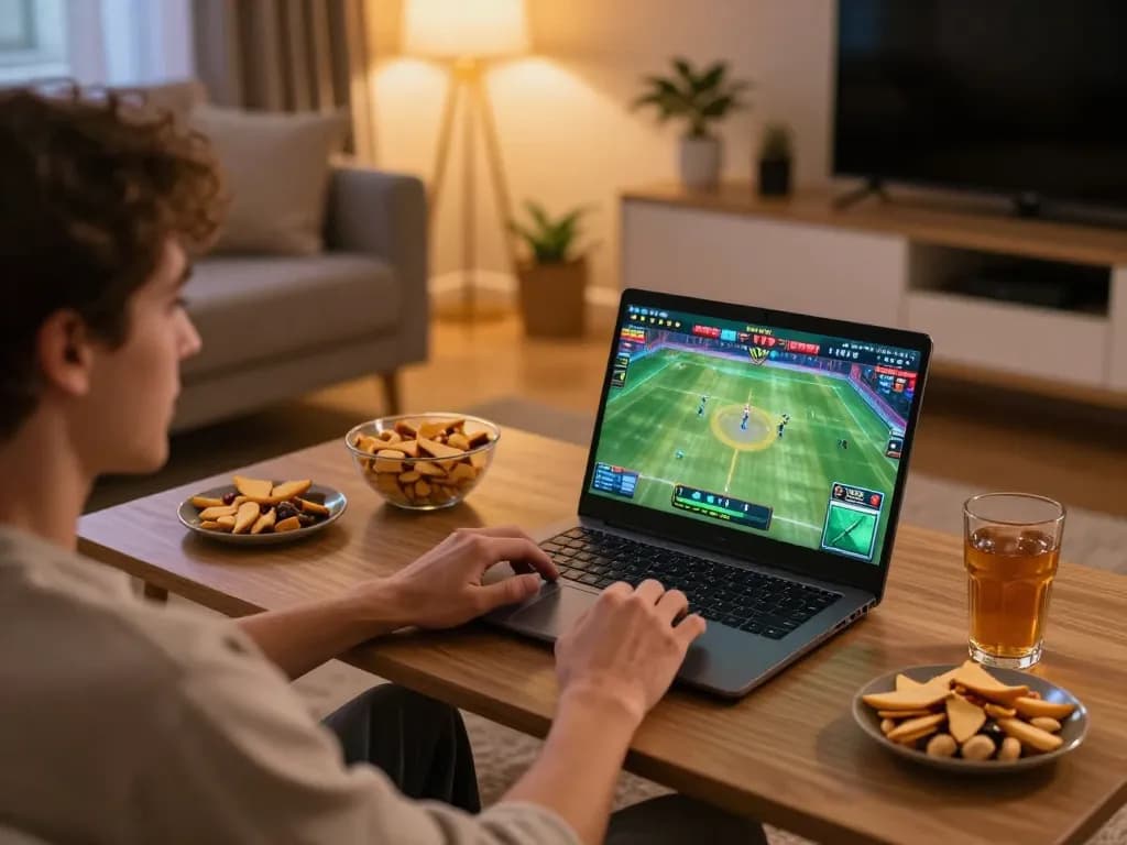 Engaged player using laptop for online betting at https://www.mnm88.com/, showcasing excitement in a cozy setup.