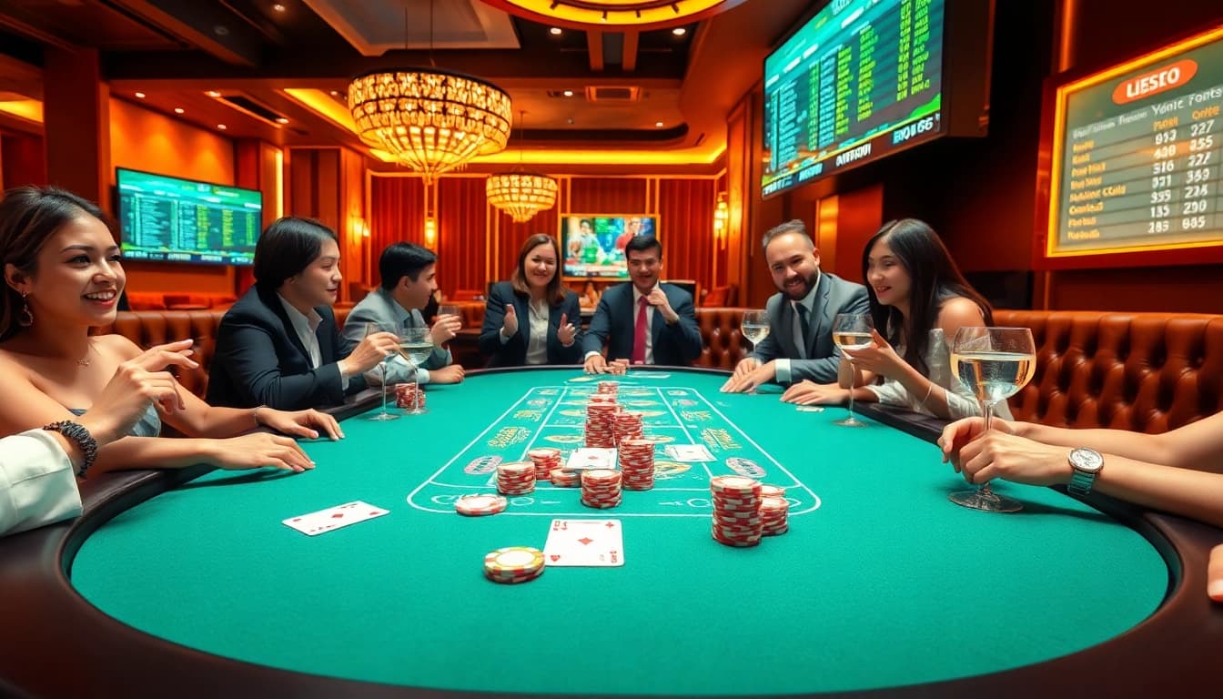 Sbobet link alternatif interface displayed on a luxurious casino table with vibrant poker chips and cards.