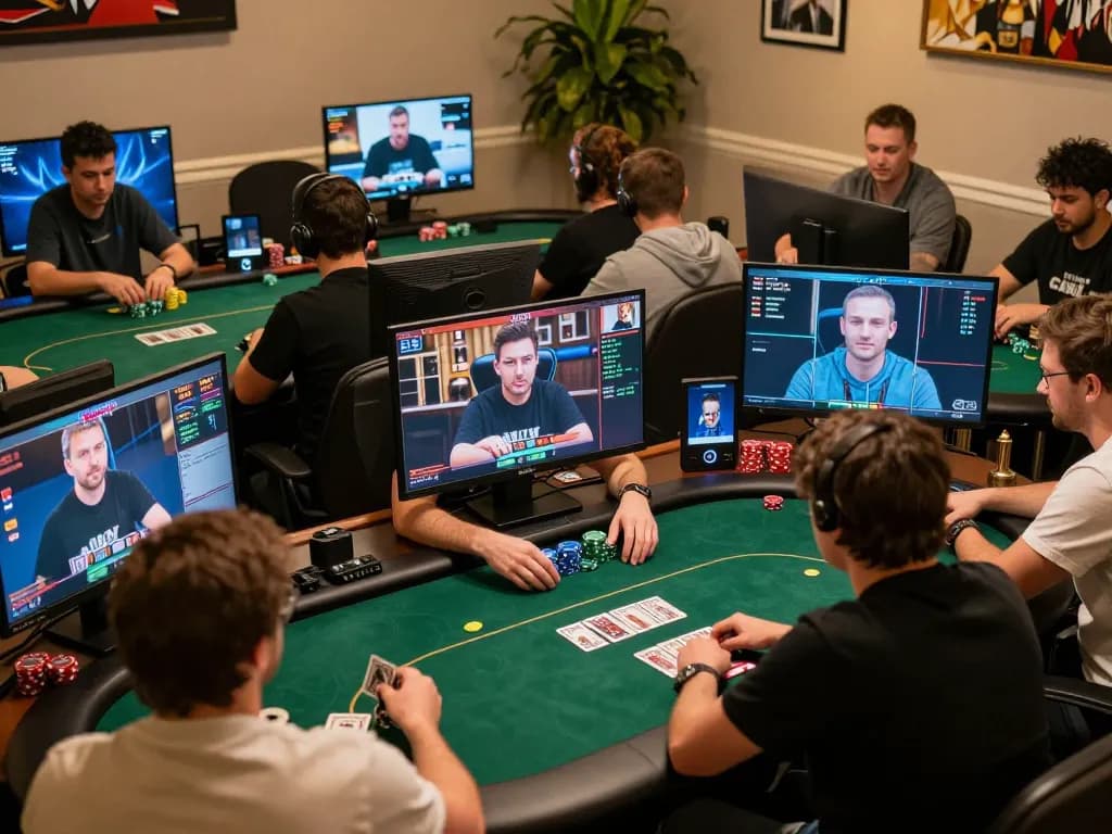 Players enjoying sc88 online poker with cards and chips in a lively tournament atmosphere