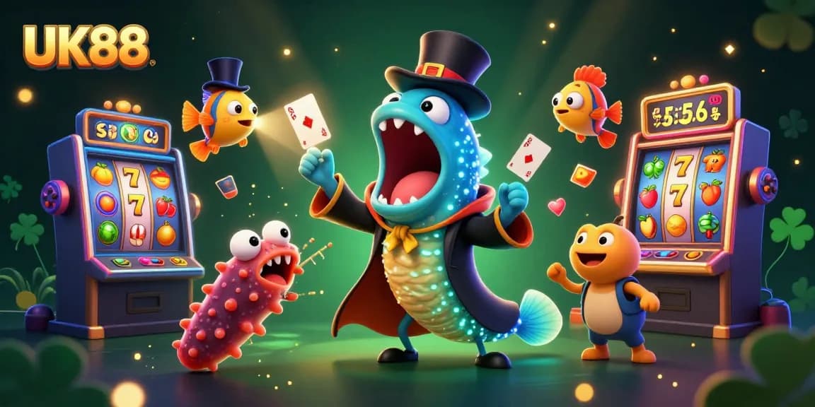 Experience the excitement of UK88 with lively characters performing magic tricks in a vibrant casino scene.