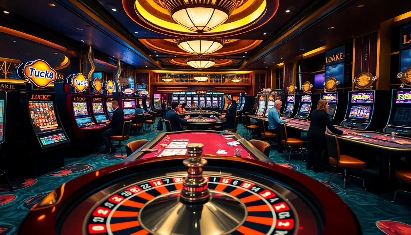 LUCK8 casino atmosphere with players enjoying exciting games at vibrant casino tables.