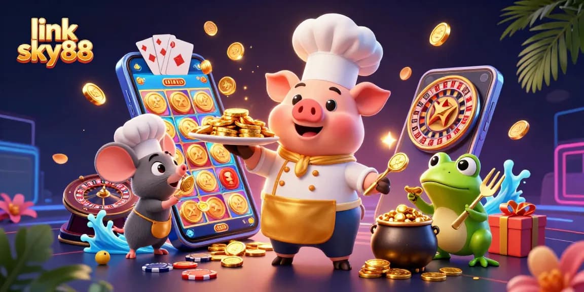 Experience link sky88 in vibrant casino action with a chef pig and gold coins on a luxurious backdrop.