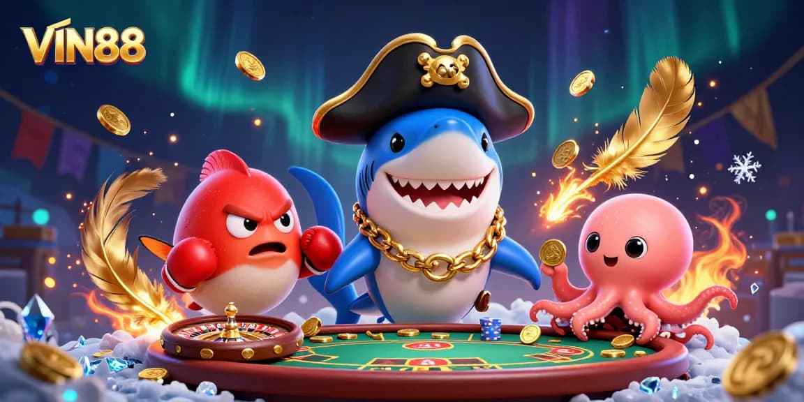 Experience thrilling casino action with VIN88 in this vibrant, cartoonish 3D illustration.