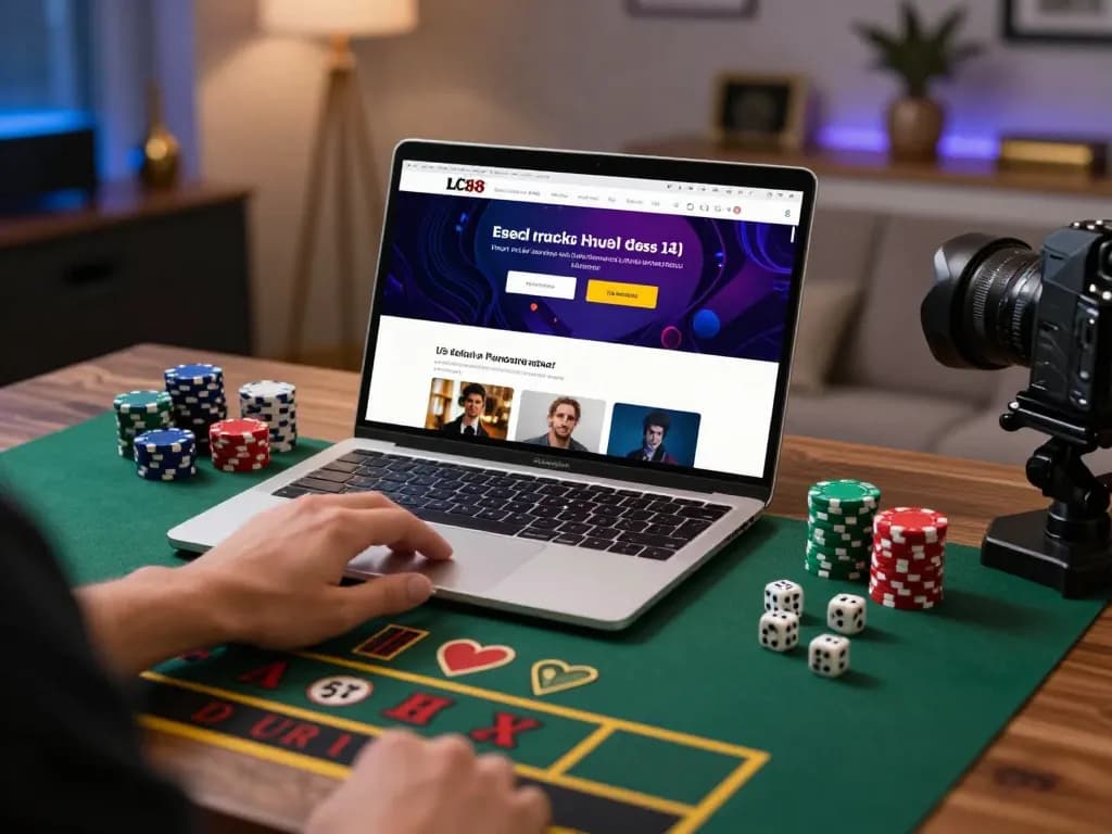 Engaging online gaming with LC88 on a laptop, showcasing strategic betting in a cozy environment.