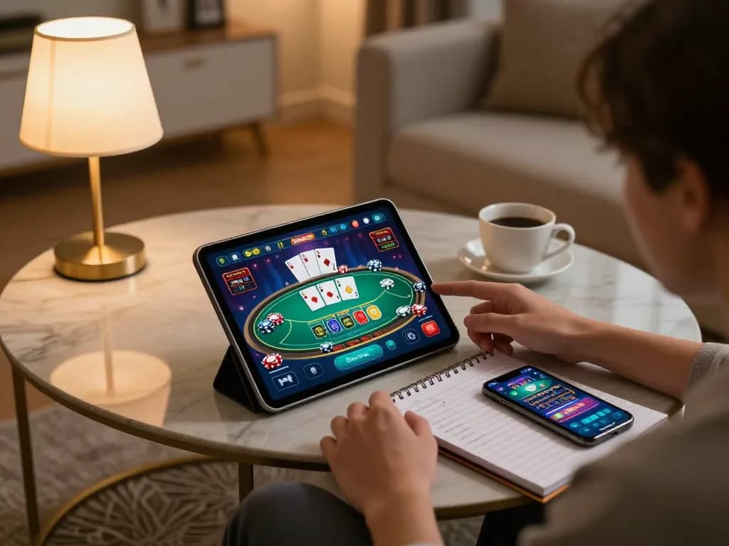 One88 user engaging with online casino while reviewing betting strategies at home.