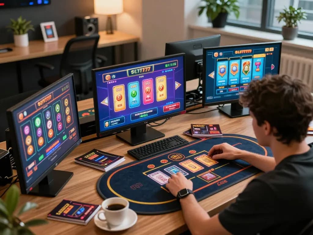 Engaged player strategizing online with SLOT777 interfaces in a modern gaming setup, showcasing dynamic gameplay.