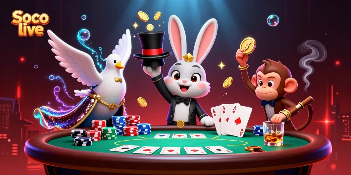Experience thrilling gameplay with Soco live as a magician rabbit conjures coins and poker fun.