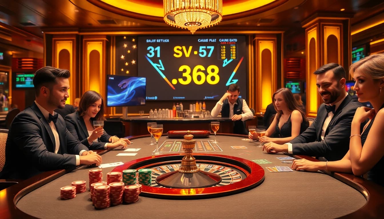 Dynamic gambling action featuring poker chips and cards with SV 368 branding, illustrating excitement in a casino setting.