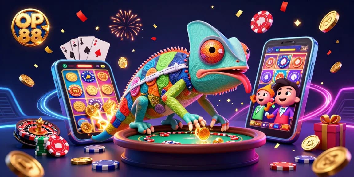 Engagingly illustrate OP 88's thrilling casino environment, with a colorful chameleon and dynamic gaming scenes.
