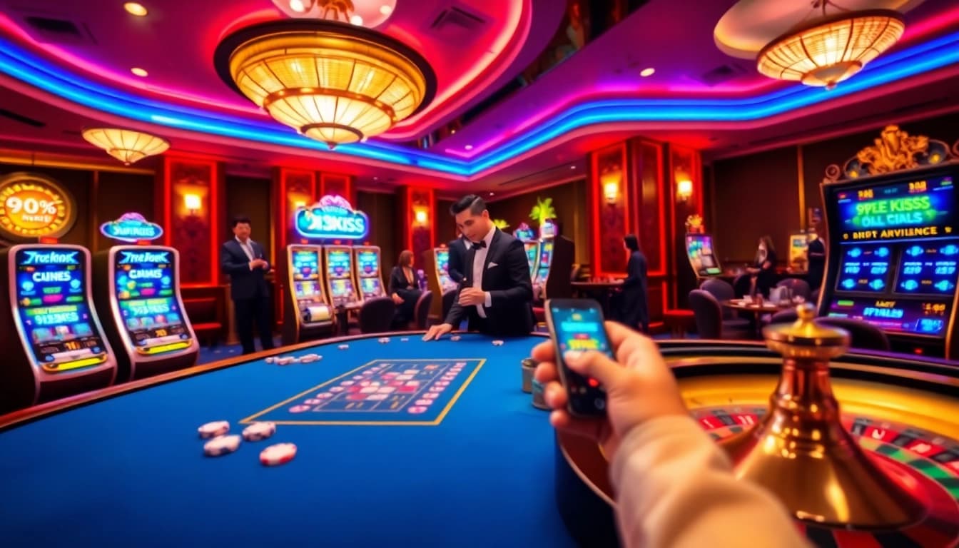 Engaging casino scene featuring free credit 918kiss promotions with vibrant gaming elements and players.