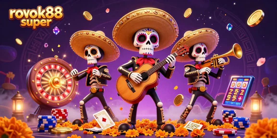 Engage with rokok88 super for vibrant casino action featuring a lively mariachi band amidst dazzling gaming elements.
