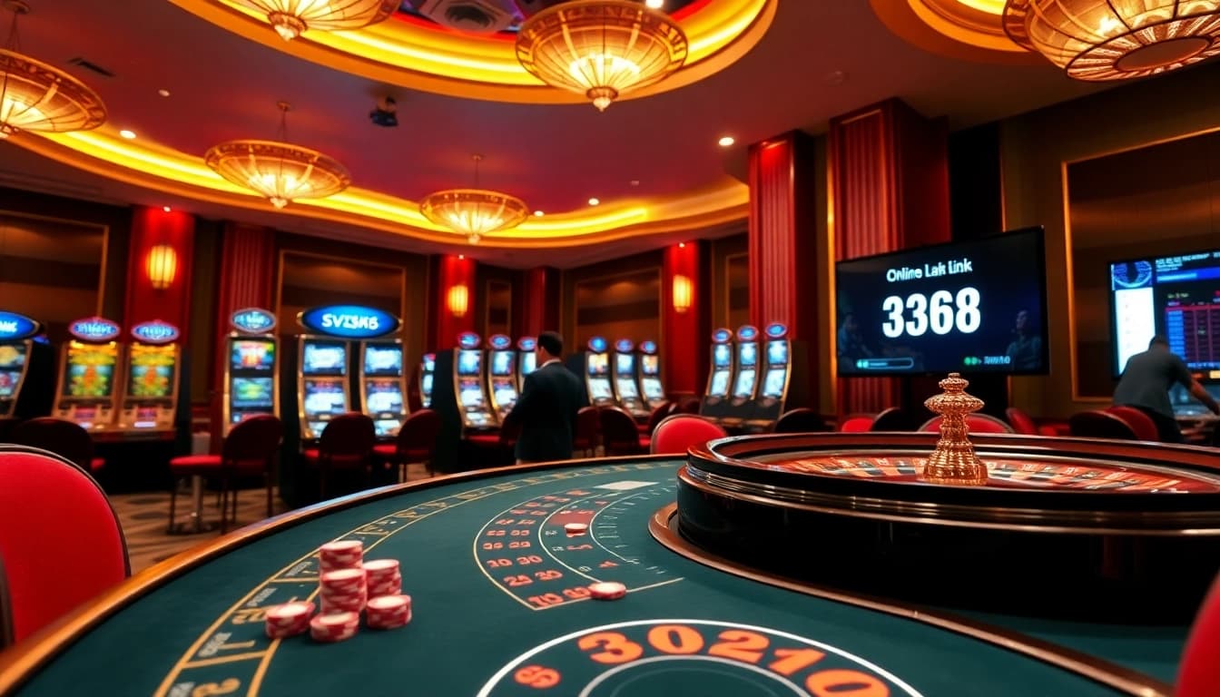 Engage with exciting gambling action at the SV368 Link casino table, showcasing vibrant slot machines and roulette wheels.