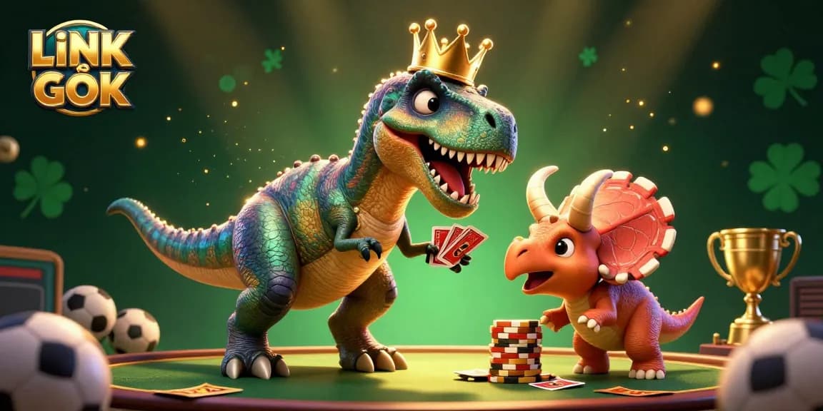 Engage with LINK GỐC as a T-Rex shuffles cards surrounded by vibrant sports betting elements.