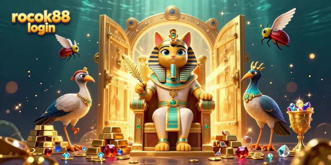 Join the excitement with rokok88 login in this vibrant 3D casino scene featuring a pharaoh cat and treasures.