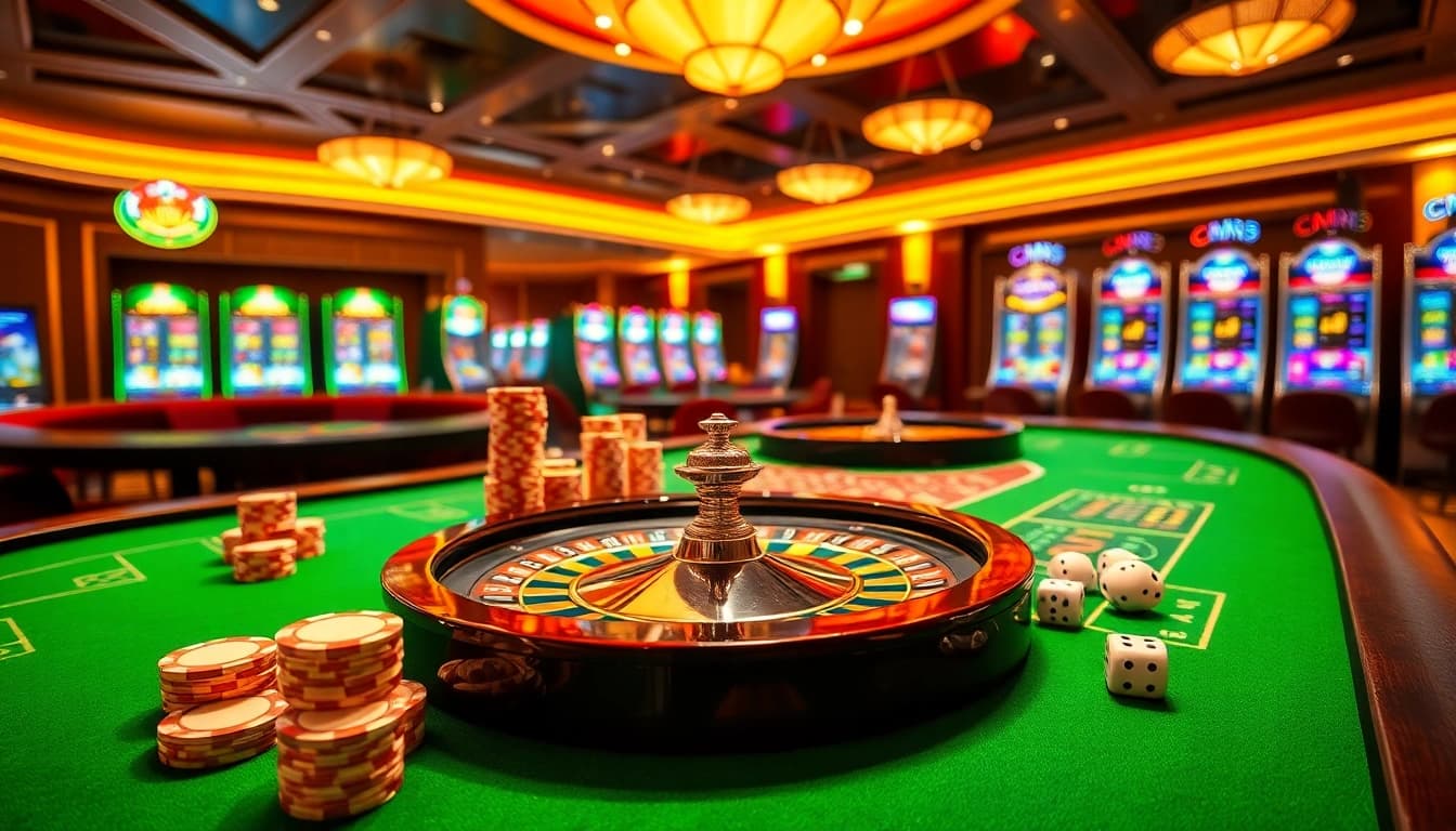 Experience the thrill of gambling at CM88 casino tables filled with vibrant poker chips and shining roulette wheels.