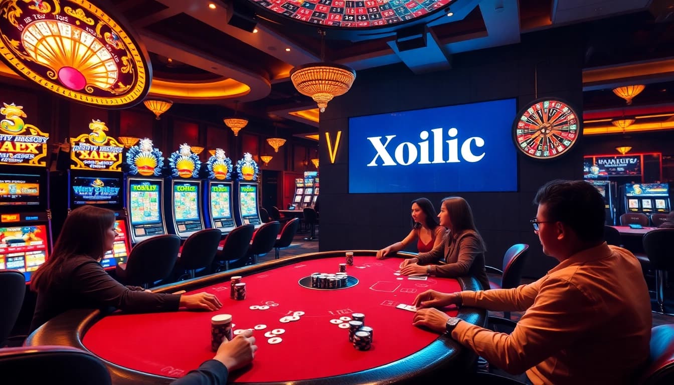 Xoilac showcases an exciting casino scene with poker tables and vibrant slot machines.