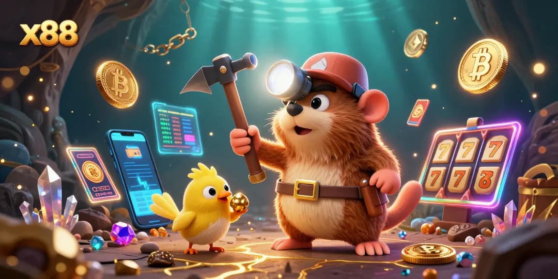 x88 online casino action with a treasure hunter mole and bitcoin elements showcasing thrilling gameplay.