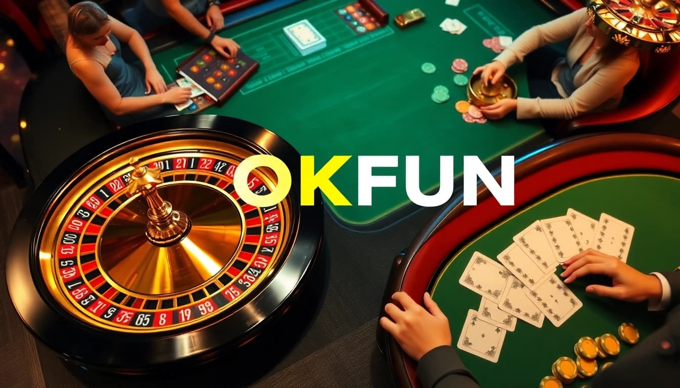 Players engaging in an exciting game at OKFUN online casino, showcasing vibrant colors and casino elements.