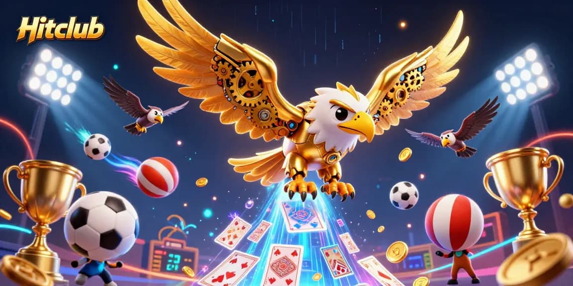 Hitclub features a cybernetic golden eagle soaring through animated sports elements, showcasing thrilling online gaming.