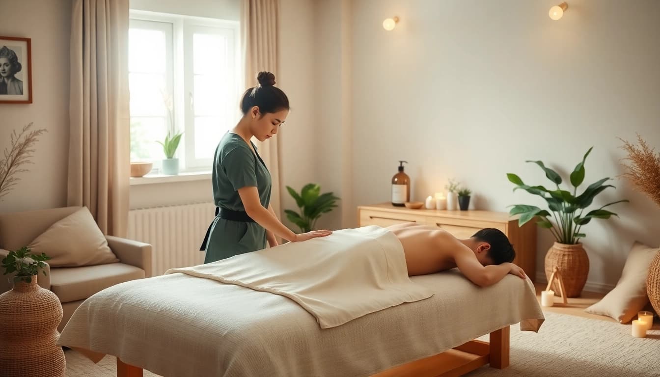 마사지 세션을 준비하는 태국 치료사와 함께하는 평택출장마사지의 평화로운 가정 환경