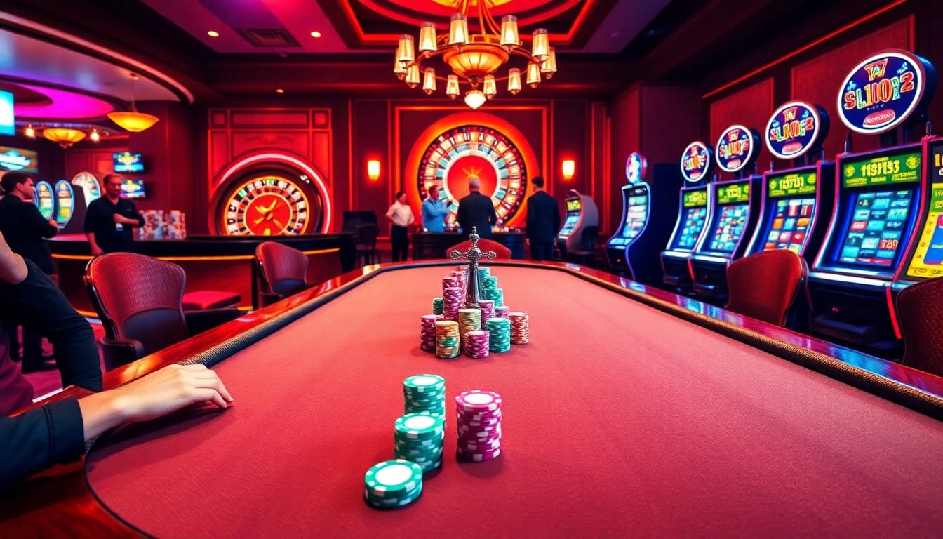 Players enjoying a vibrant game at the 8k8 casino, featuring poker chips and a roulette wheel.