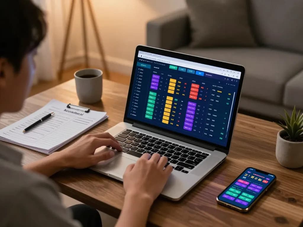 Player analyzing betting strategies on Keonhacai platform while using laptop and smartphone in a cozy home setup.