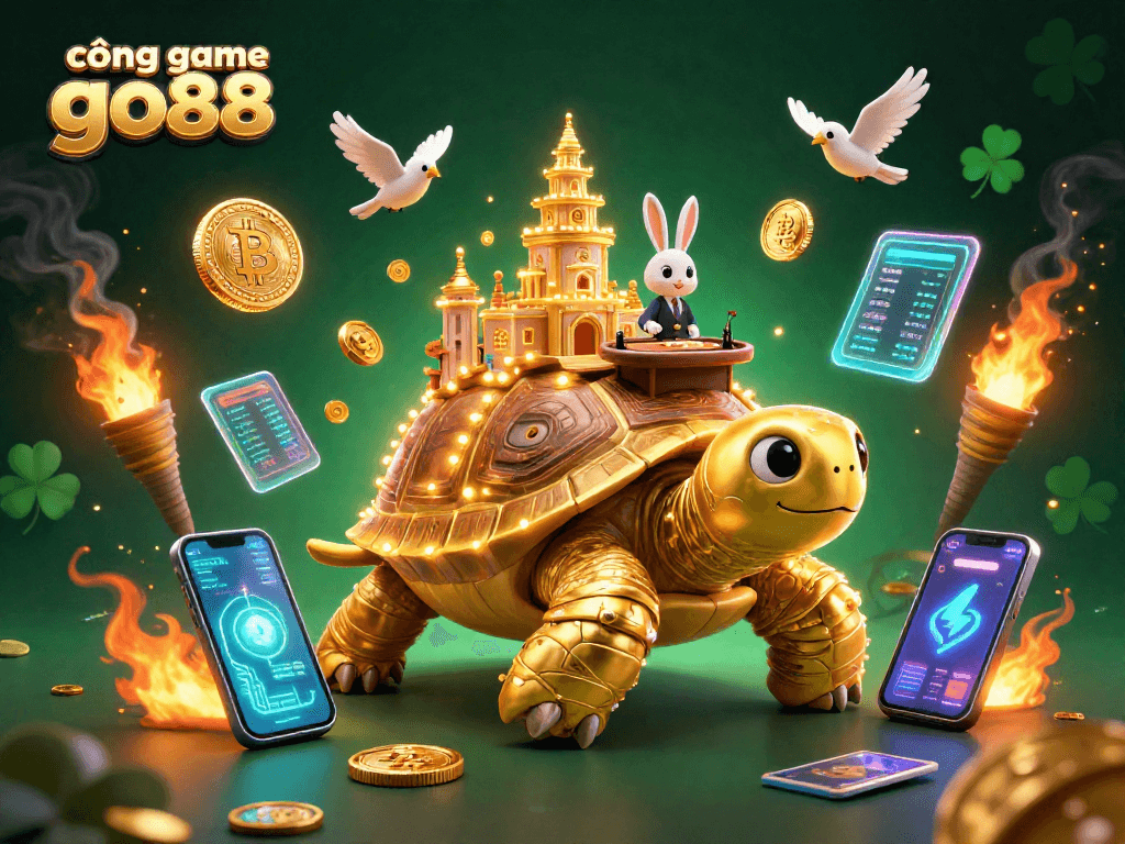 Engage with cổng game go88 in a vibrant 3D casino scene showcasing thrilling gaming elements and a golden tortoise.