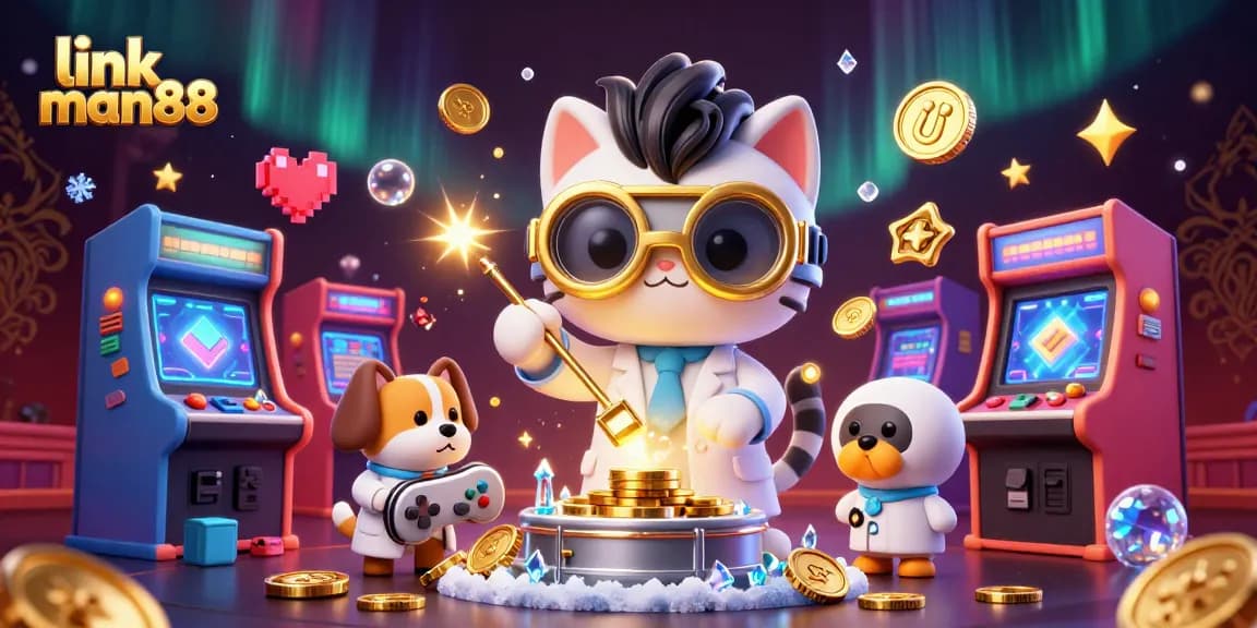 Engage in exciting gameplay with link man88, featuring a cartoon mad scientist cat and golden casino elements.