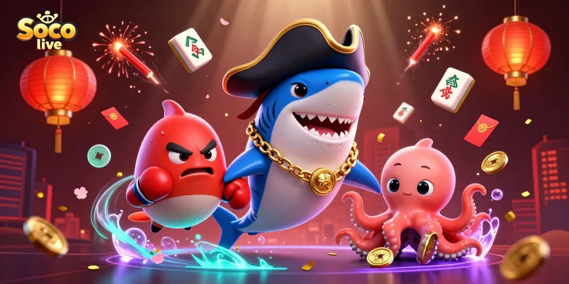 Soco live showcases a vibrant online casino scene featuring a playful pirate shark and friends enjoying gaming excitement.