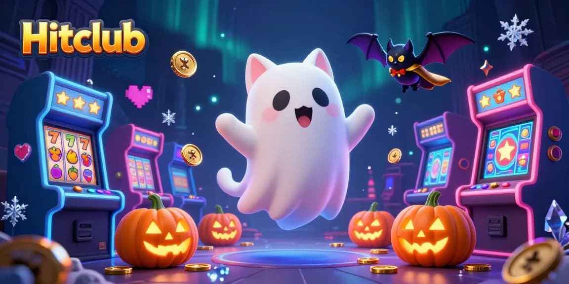 Experience Hitclub's thrilling atmosphere with a friendly ghost cat and glowing jack-o-lanterns in a haunted casino.