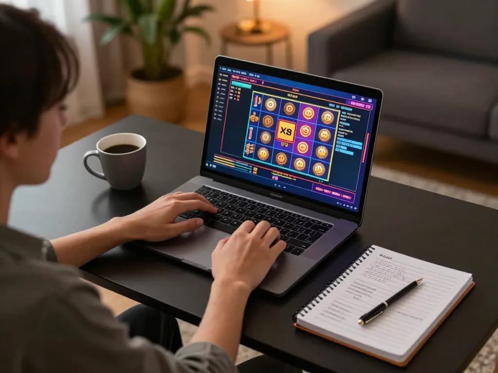 Engaged player using xx88 platform for online slot gaming strategy in a cozy home environment