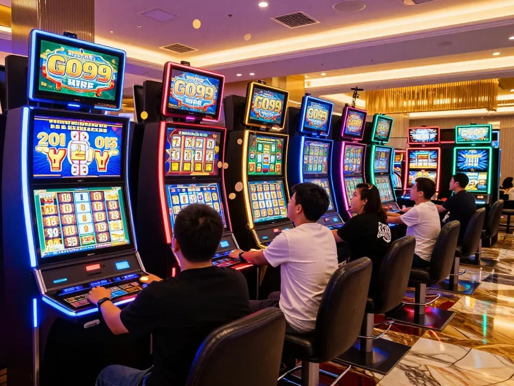Players celebrating a win at GO99’s vibrant slot machines with colorful lights.