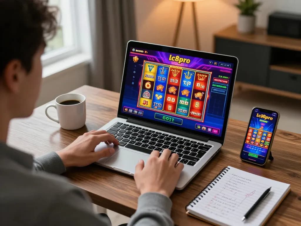 Engaged player enjoying online gaming on lc88pro with vibrant graphics, cozy home setup.